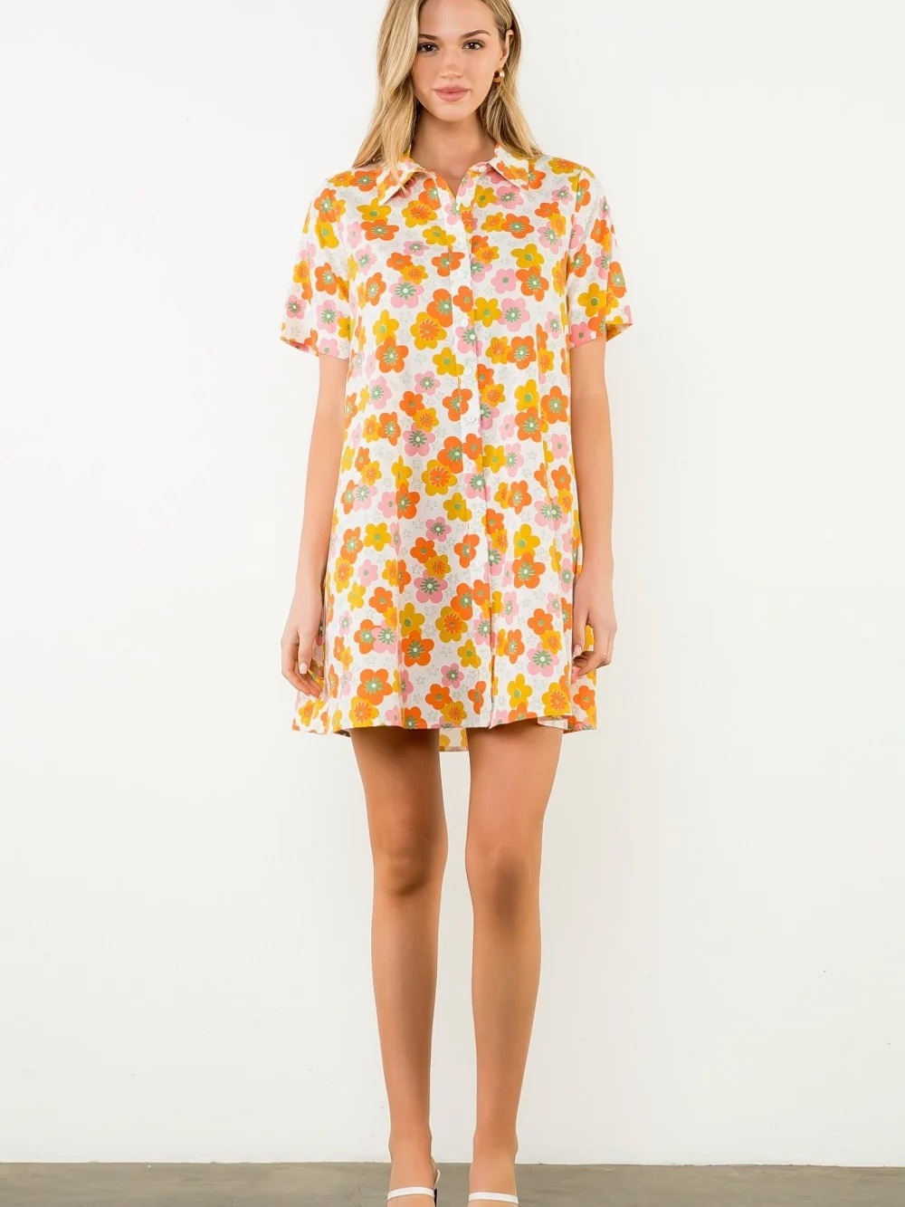 Floral Button-Front Shirt Dress in Orange and Pink